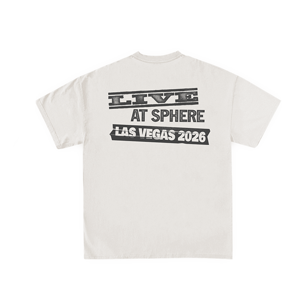 White unisex tee features "Live at Sphere Las Vegas 2026" text art on back.