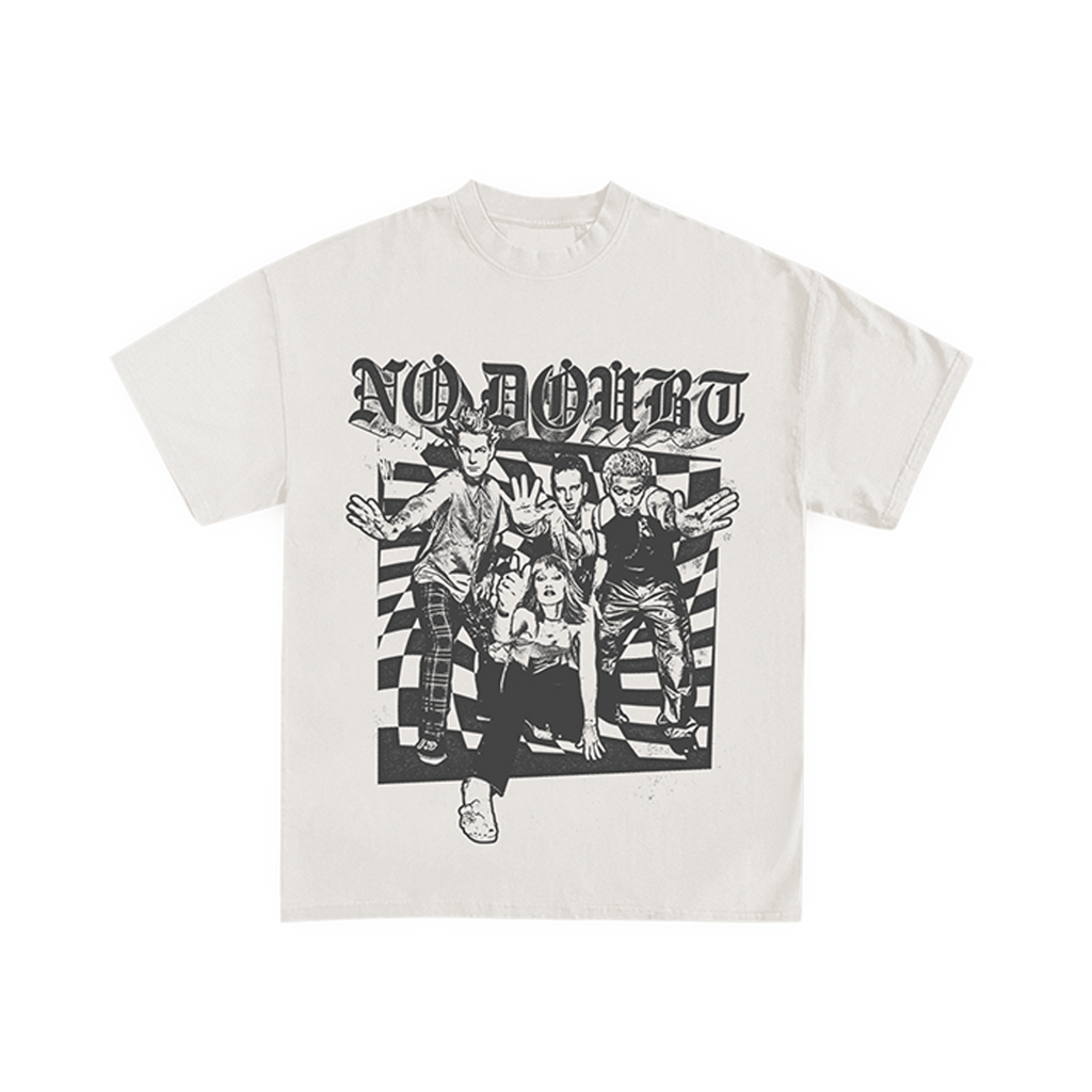 White unisex tee features No Doubt logo and group art printed on front.