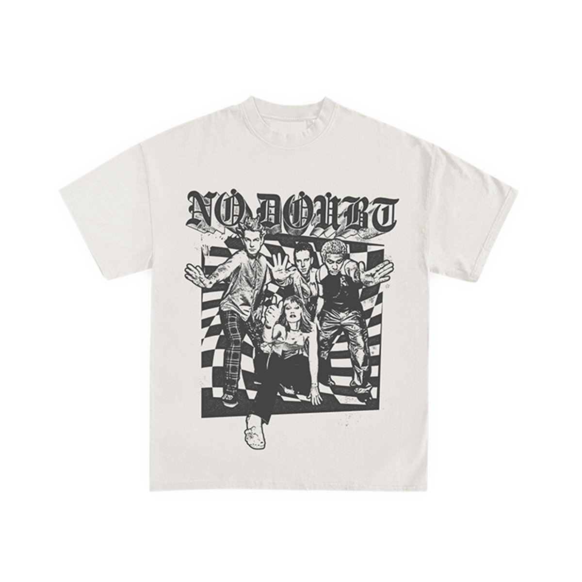 White unisex tee features No Doubt logo and group art printed on front.