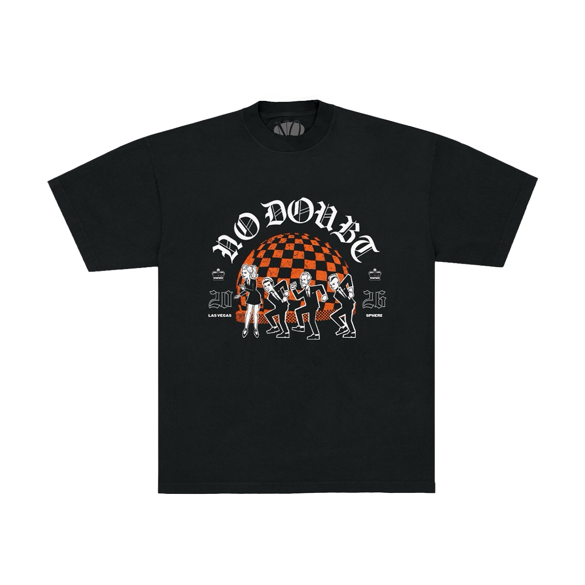 Black unisex tee features No Doubt Sphere cartoon art and dates on front.