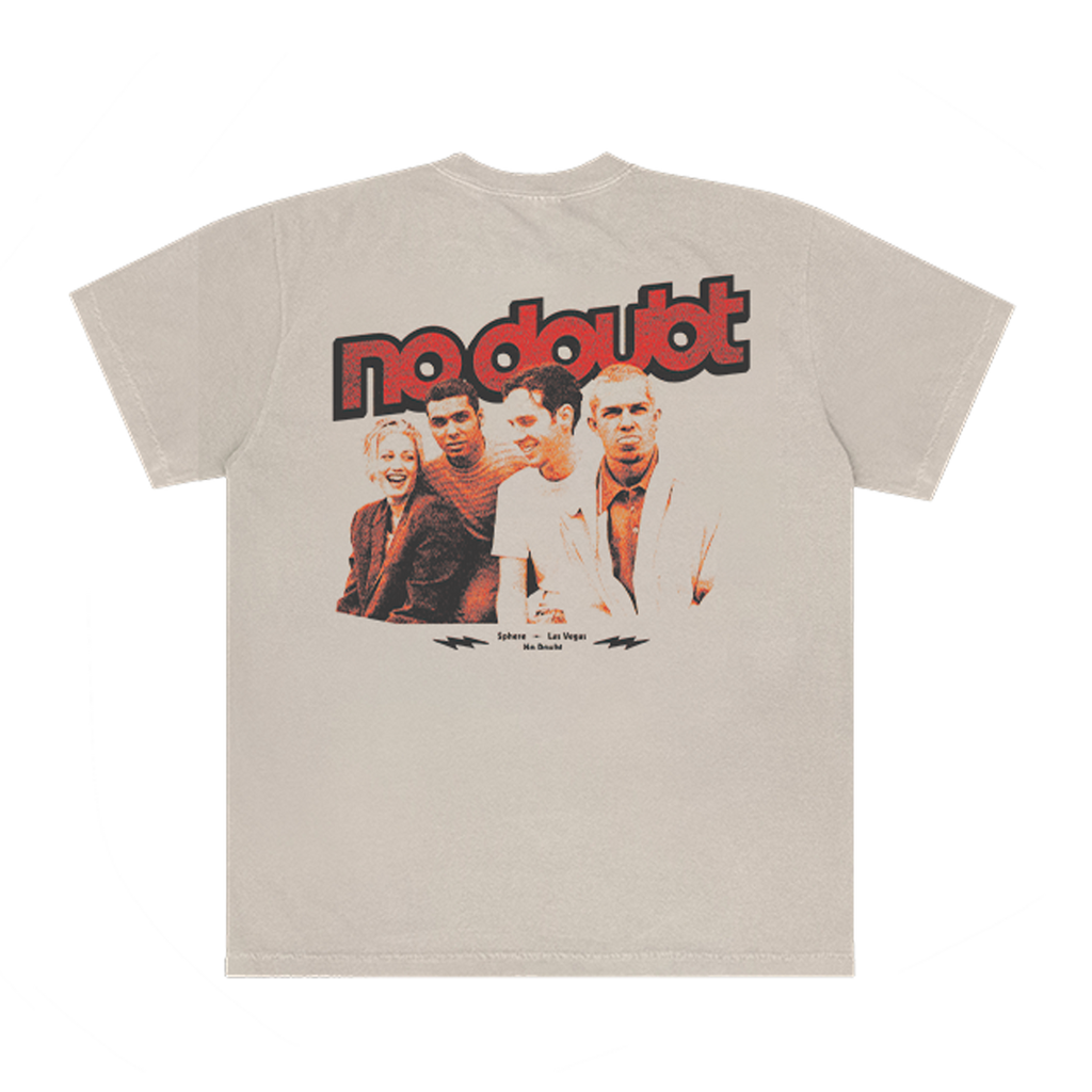 Beige t-shirt with 'no doubt' band graphic on the front