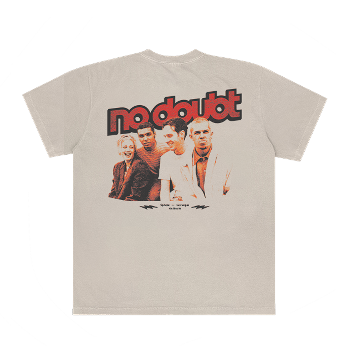 Beige t-shirt with 'no doubt' band graphic on the front