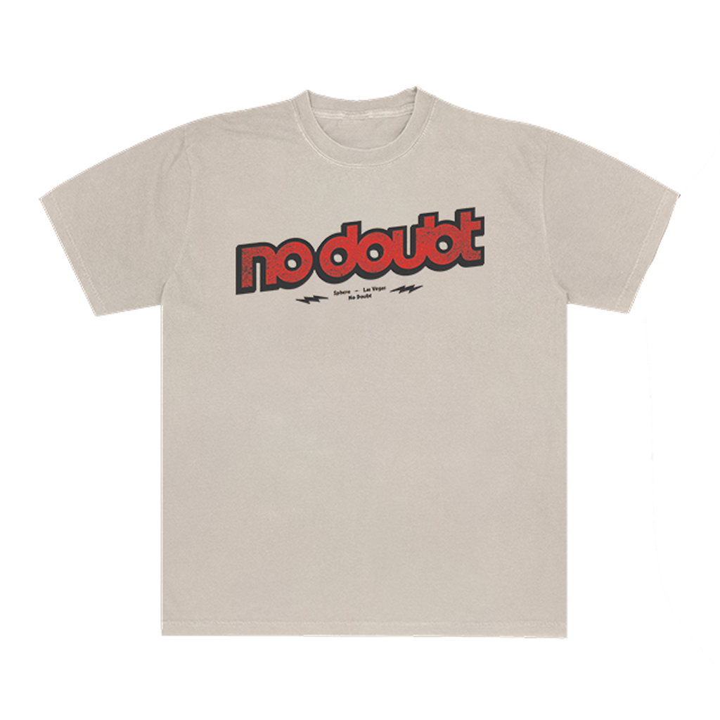 Beige t-shirt with 'no doubt' text in red and black on the front chest