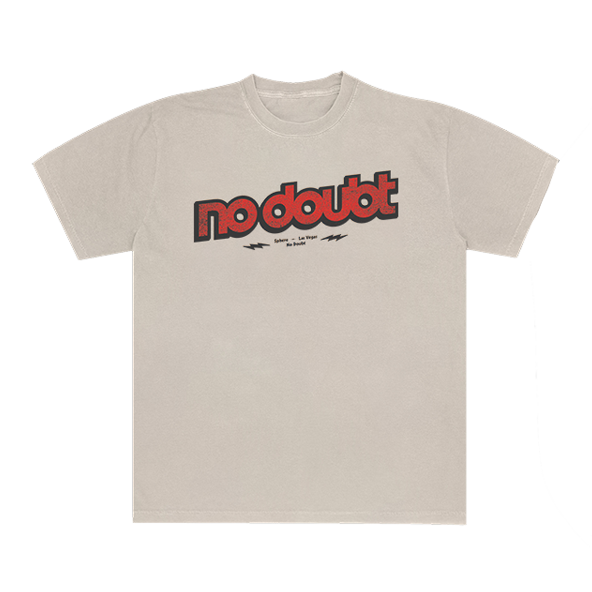 Beige t-shirt with 'no doubt' text in red and black on the front chest