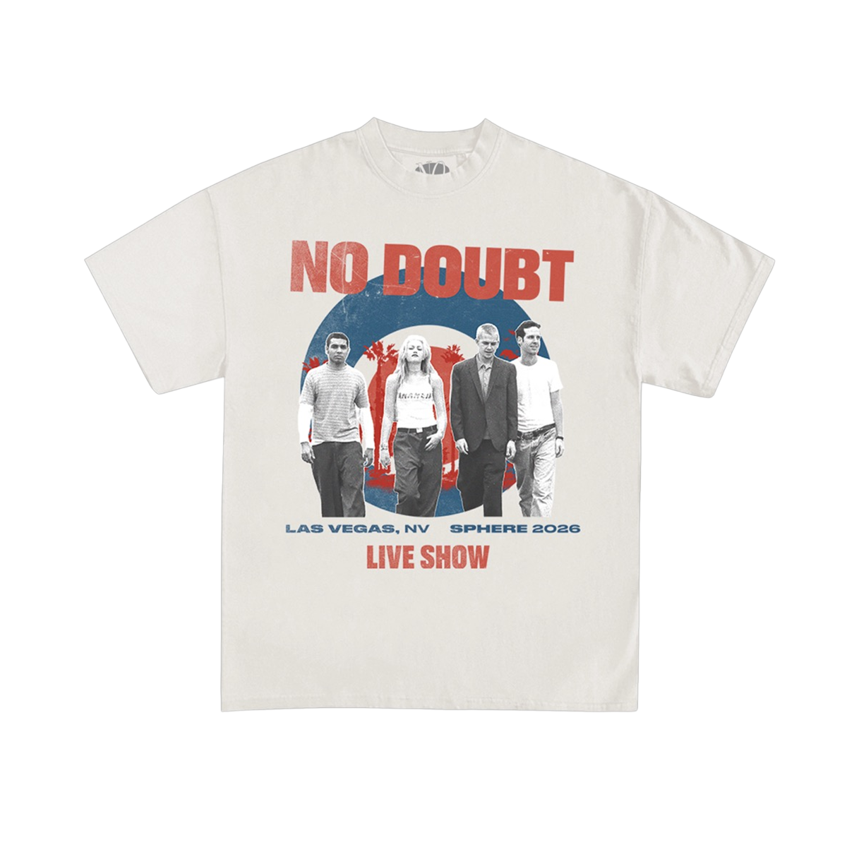 White t-shirt with 'No Doubt' band graphic and text.