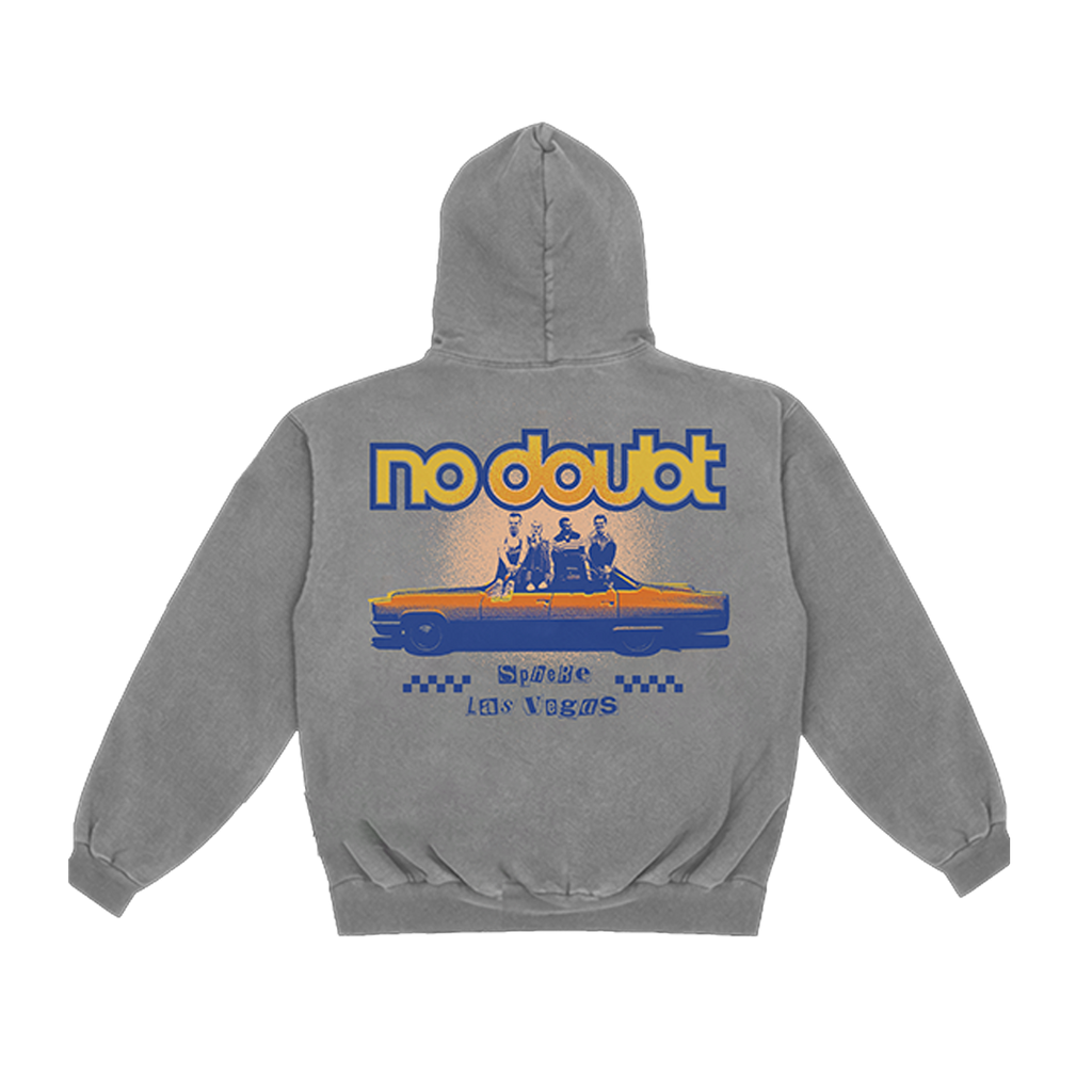 Gray hoodie with 'no doubt' text and No Doubt car photo graphic on the back