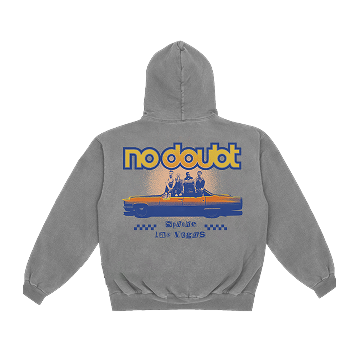 Gray hoodie with 'no doubt' text and No Doubt car photo graphic on the back