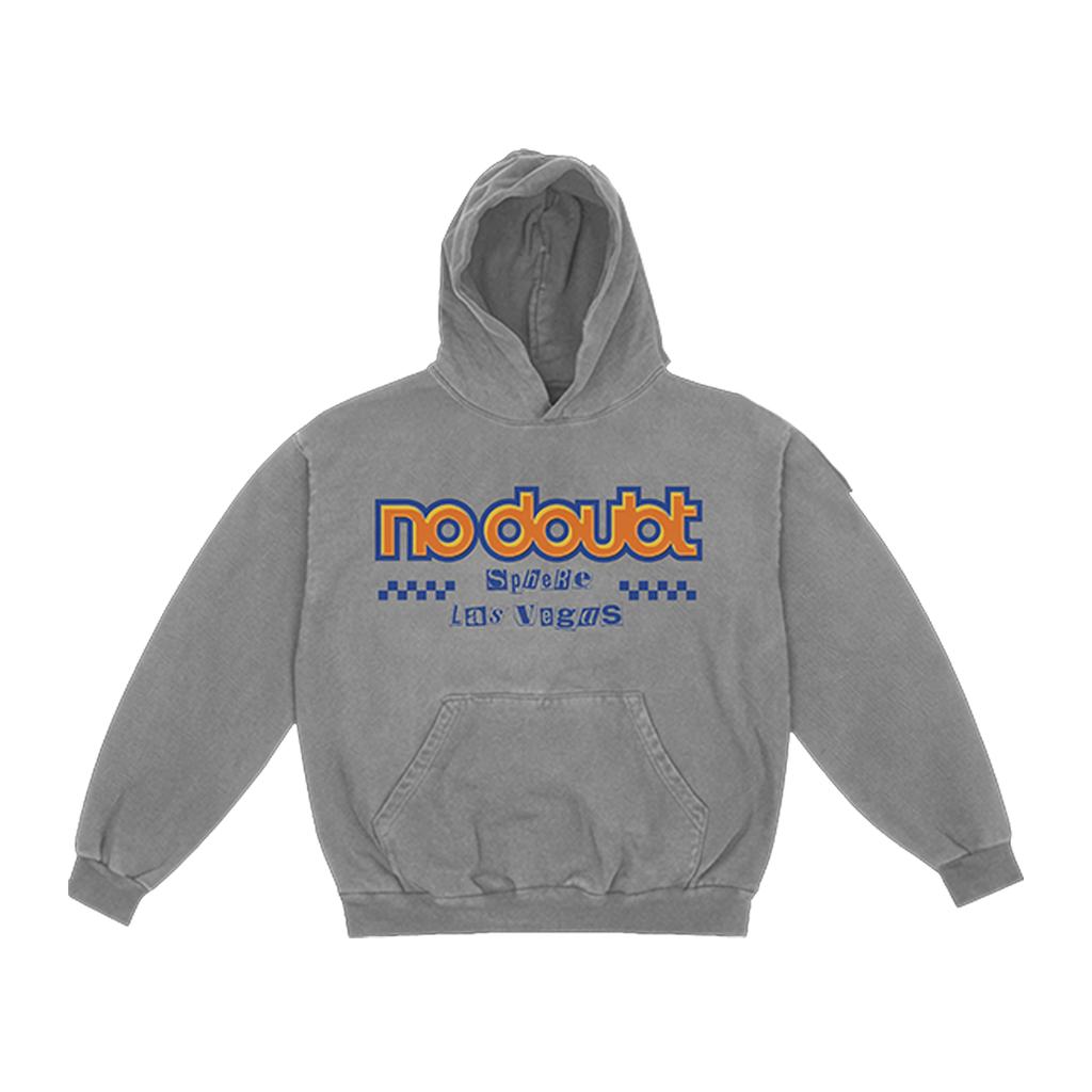 Gray hoodie with 'no doubt' sphere las vegas design text on the front chest