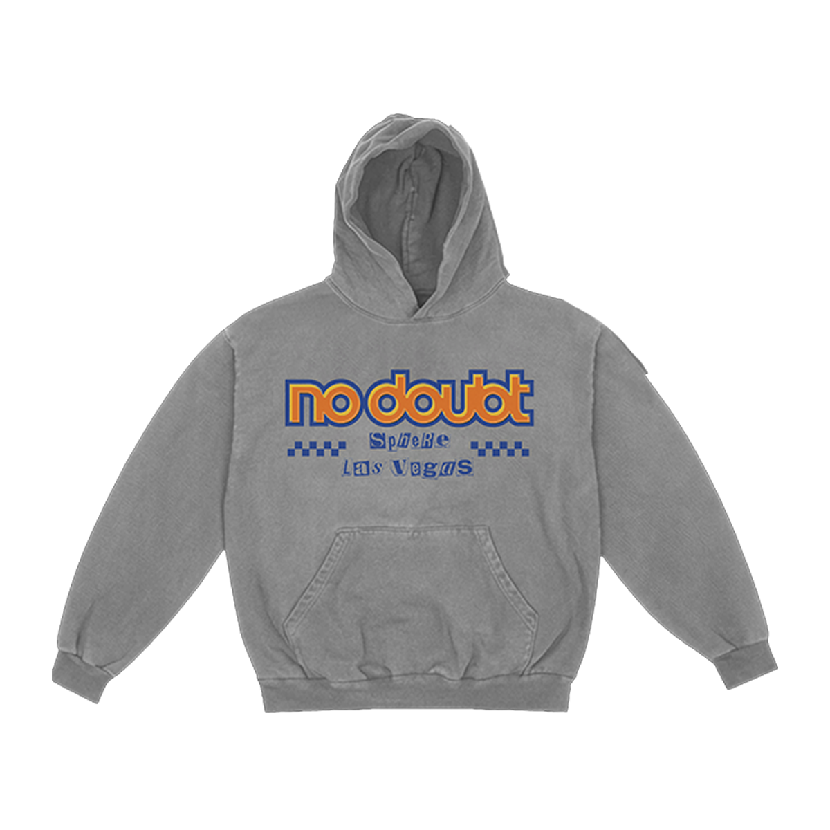 Gray hoodie with 'no doubt' sphere las vegas design text on the front chest