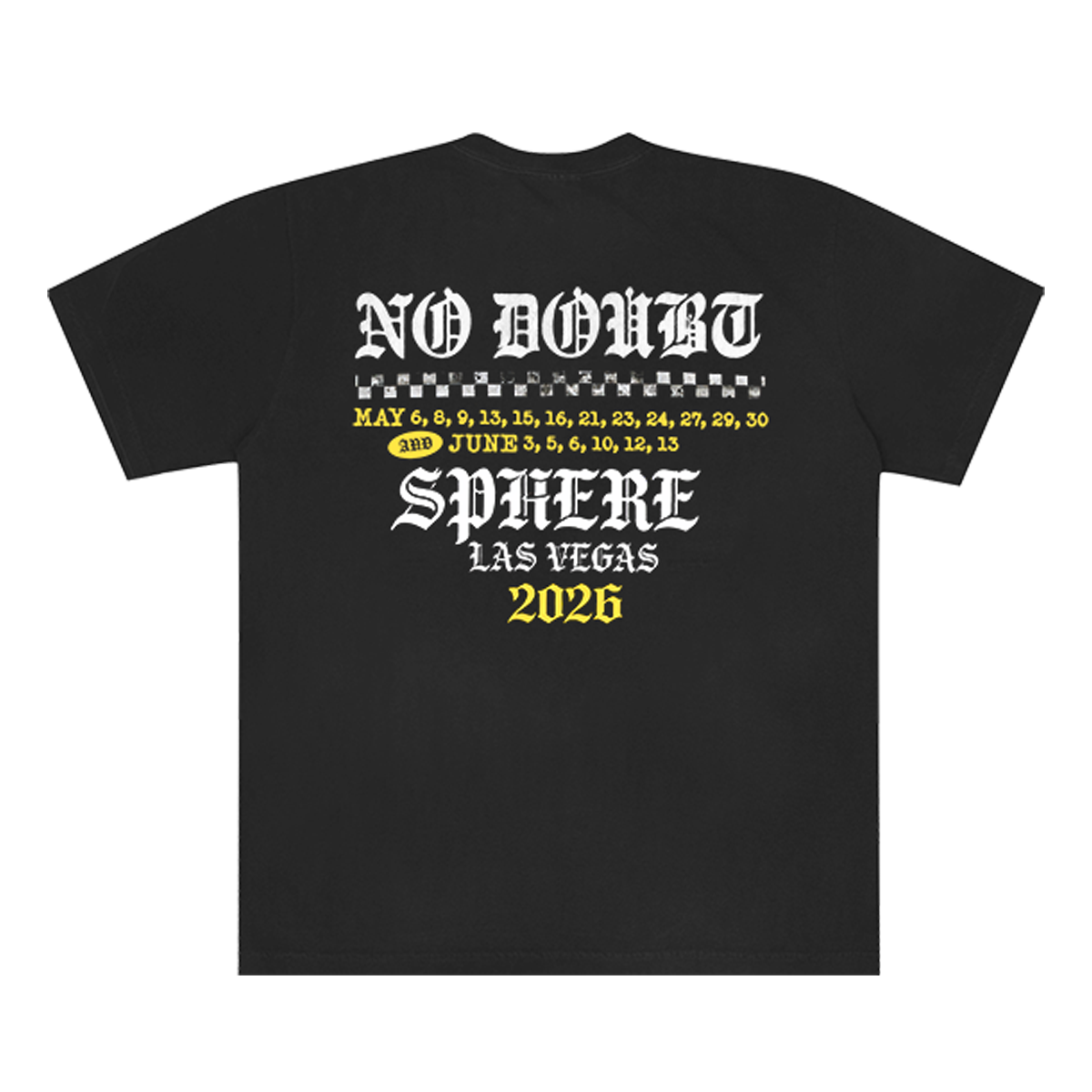 Black unisex tee features Las Vegas 2026 show dates printed on back.