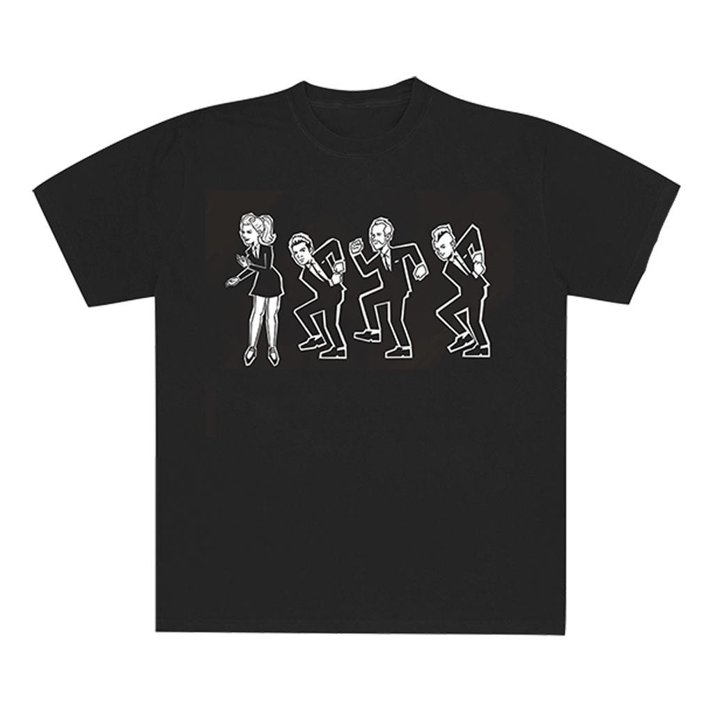 Black unisex tee features No Doubt group photo cartoon art printed on front.