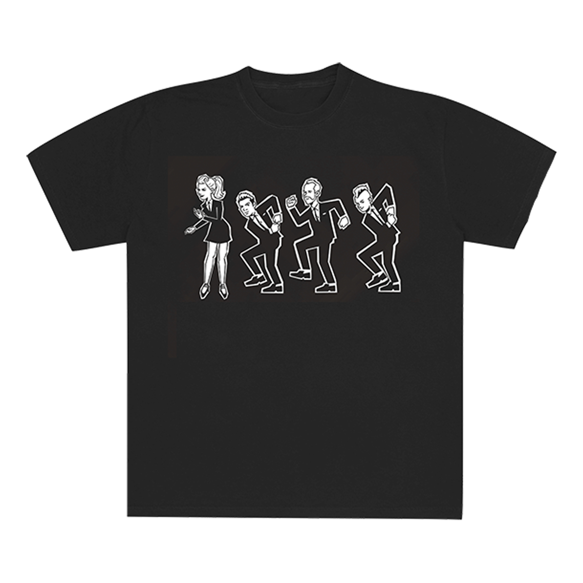 Black unisex tee features No Doubt group photo cartoon art printed on front.
