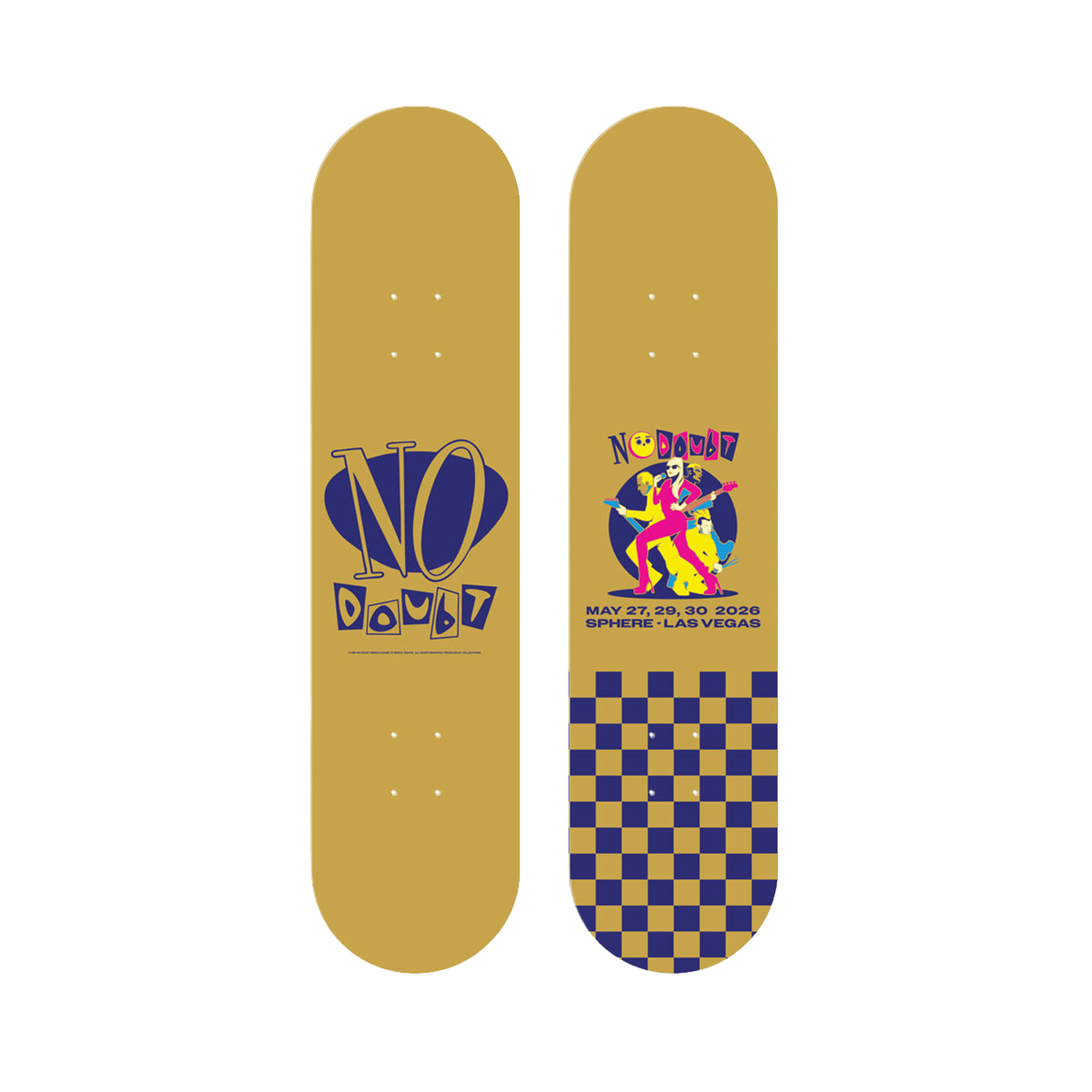 Skateboard deck with colorful design and text 