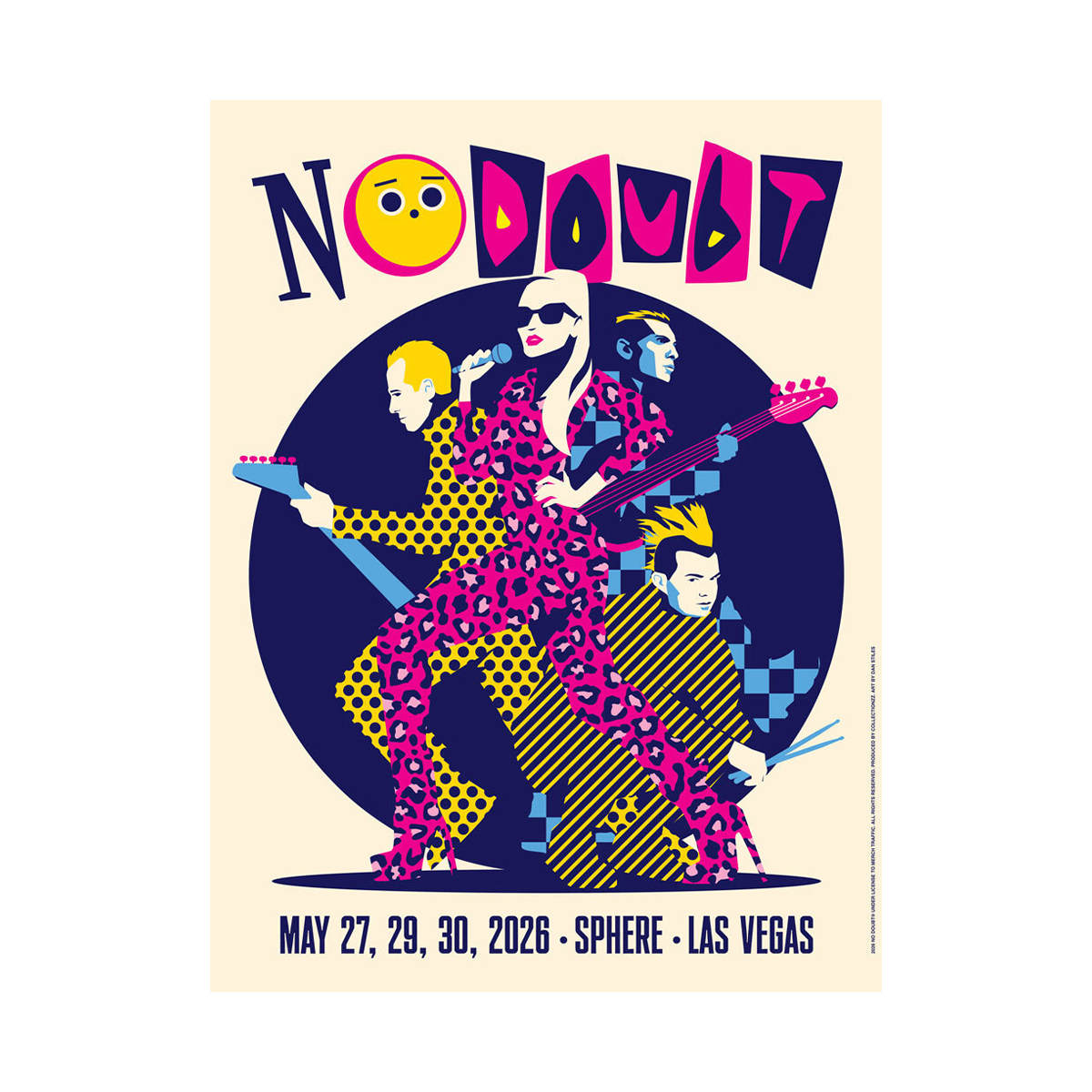 No Doubt concert poster with band members in colorful outfits on a beige background