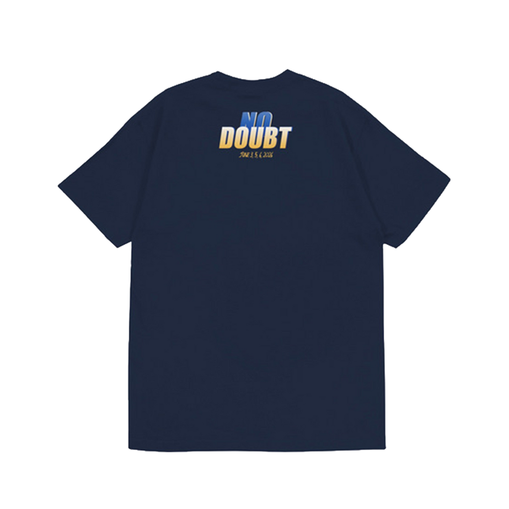 Navy blue t-shirt with 'NO DOUBT' text on the back 