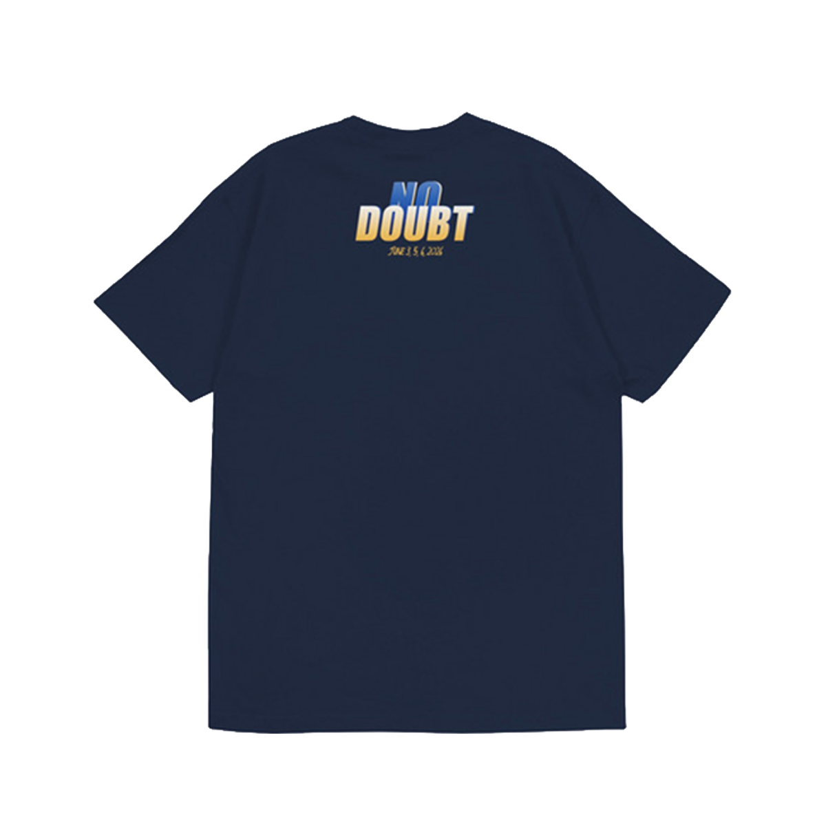 Navy blue t-shirt with 'NO DOUBT' text on the back 