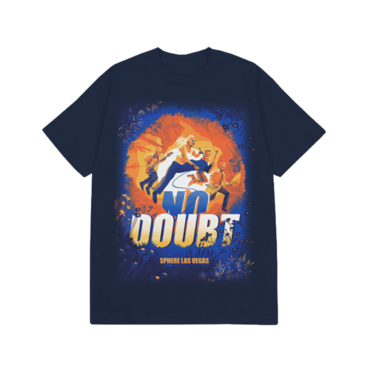 Navy blue t-shirt with colorful graphic No Doubt Sphere Las Vegas design on the back