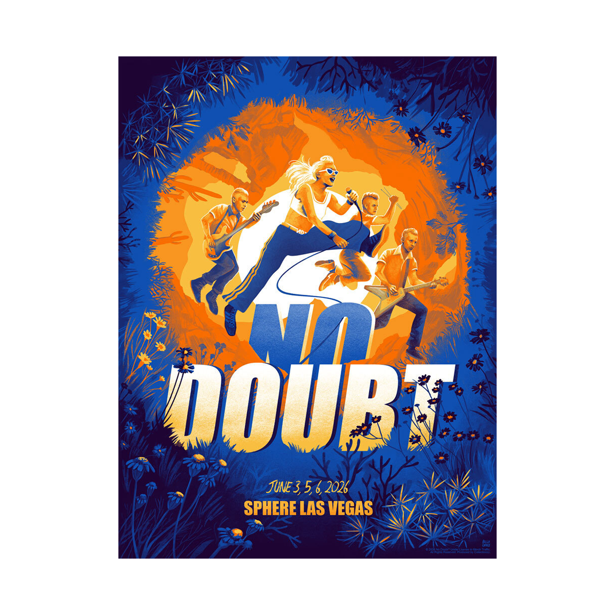 Poster for a concert featuring the band 'No Doubt' with a blue and orange color scheme.