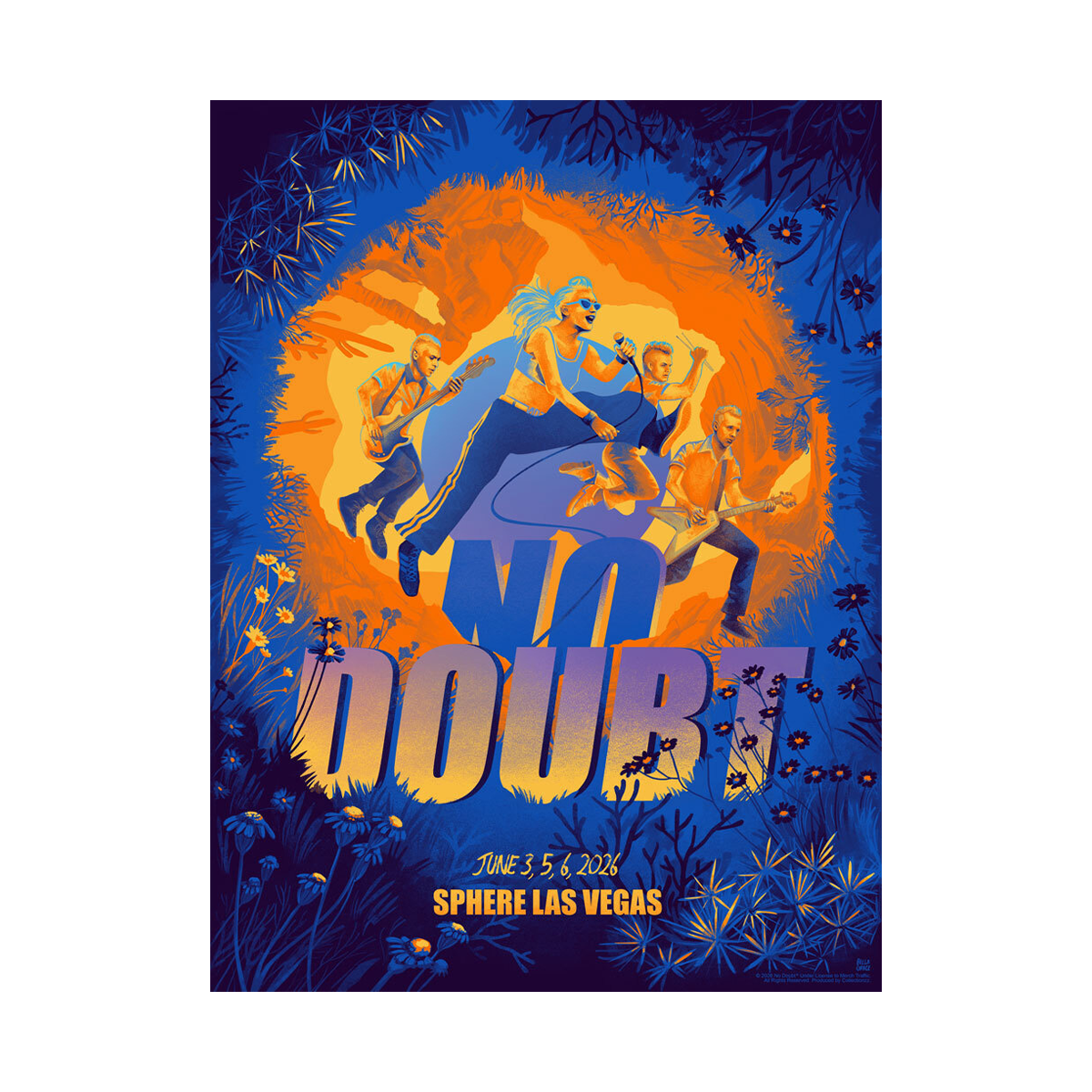 Poster for a concert featuring a band with 'No Doubt' text on a blue and orange background from June 3, 5 & 6 2026.